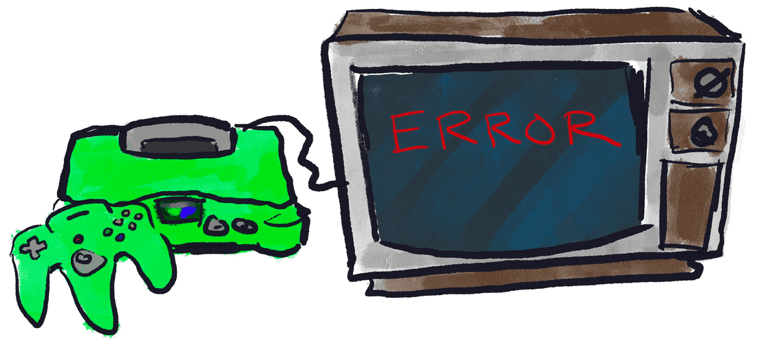 A Nintendo 64 console hooked up to an old TV which displays the word, “ERROR”.