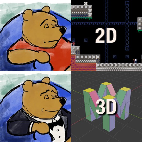 Regular Pooh sitting in an armchair across from a 2D game screenshot, and fancy tuxedo Pooh sitting in an armchair opposite a 3D modeling screenshot.