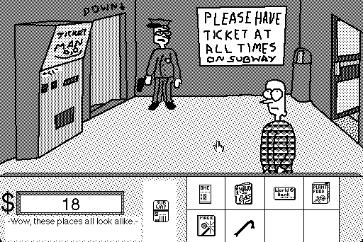 Screenshot of HyperCard game “Get Rich Quick”, showing a subway station with Joe Average, a police officer, and a ticket machine.